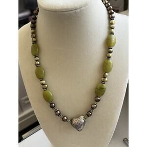 Vintage Necklace Genuine Pearl Jasper Green Grey Hammered Heart Pendant 925